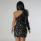 Fashionable and Sexy One Shoulder Sequin Split Hip Wrap Dress