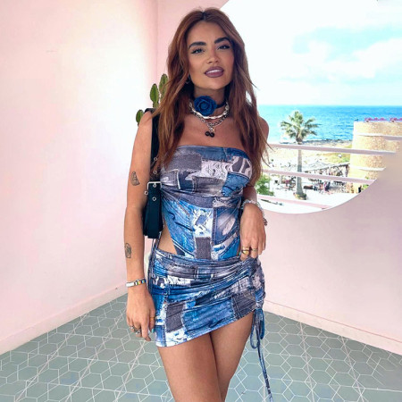Sexy denim printed bra tie up buttocks skirt set