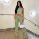 Fashion Tank Top High Waist Straight Leg Pants PU Set