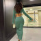 Sexy Open Umbilical Flare Sleeve Top Low Waist Pleated Long Dress Set