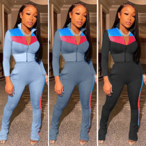 Fashion standing neck cardigan zipper top casual set