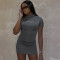 Fashion Offset Printing Letter Standing Neck Short Sleeve Wrap Hip Dress