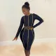Sexy Large Hot Diamond Elastic Tight Wrap Hip Long Sleeve Dress