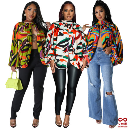 Fashion buckle printed cardigan cover up bat sleeve top
