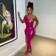 Sexy Bright Face One Shoulder Top One Piece High Waist Wrap Hip Pants Set