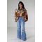 Fashion buckle printed cardigan cover up bat sleeve top