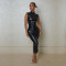 Fashionable standing collar sleeveless mid length drawstring PU leather dress