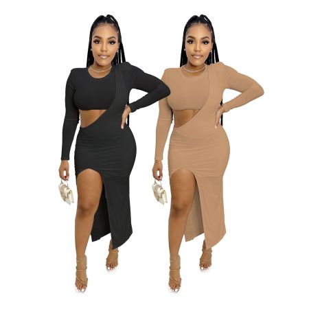 Long sleeved slit fashion sexy spicy girl dress