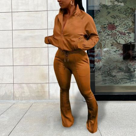 Fashion Large Zipper Top Flare Pants Two Piece Set