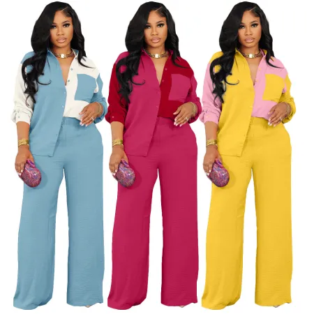 Fashion color matching pocket casual shirt set