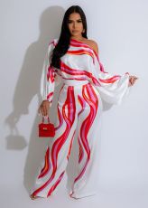 New women's casual printed wide leg pants two-piece set with loose one line collar upper garment set
