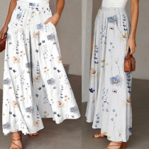 Fashionable floral print casual loose waist wide leg pants
