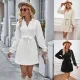 Fashionable V-neck solid color tie waist long sleeved dress
