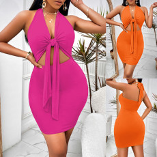 Sexy Solid Neck Strap Wrap Hip Dress