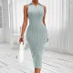 Fashionable waistband knitted lapel sleeveless dress