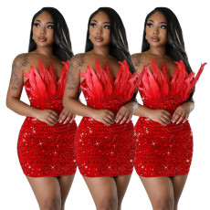 Fashionable feather sequins bursting beads sexy wrap chest and buttocks skirt