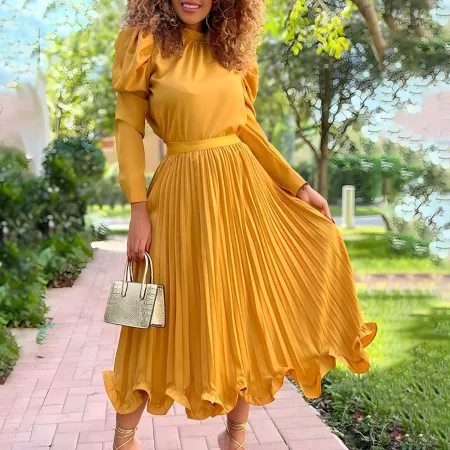 Fashion oversized bubble sleeved top pleated skirt two-piece set