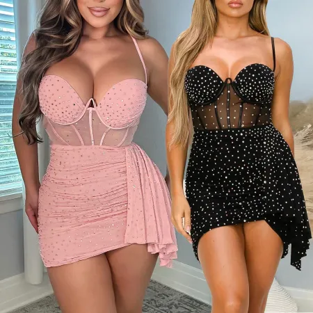 Sexy oversized hot diamond patchwork strap pleated buttocks lace dress