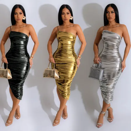 Fashionable and sexy drawstring pleated dress with diagonal collar