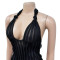 Fashionable open back deep V pleated hanging neck jumpsuit