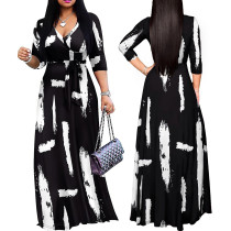 Fashionable Cross V-neck Mid Sleeve Printed Lace up Dress