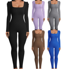 Invisible zipper square neck bubble sleeve long sleeved sexy slim fitting jumpsuit