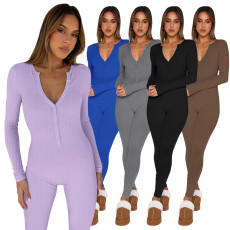 Single row button half open collar Spicy Girl slim knit threaded long sleeved jumpsuit