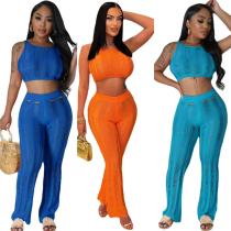 Round neck sleeveless sexy exposed navel fashion torn knit set