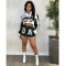New Printed Motorcycle Style Dismantling Skirt Long Sleeve Two Piece Set
