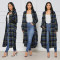 Fashionable plaid button pocket long sleeved coat with waistband