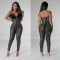 Fashionable solid color sexy mesh hot diamond long jumpsuit