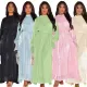 Fashionable round neck long sleeved loose lace up satin long dress