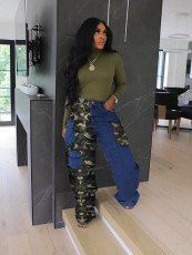 Fashion denim patchwork camouflage three-dimensional pocket overalls