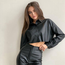 Fashionable single breasted bat long sleeved navel exposed solid color PU shirt