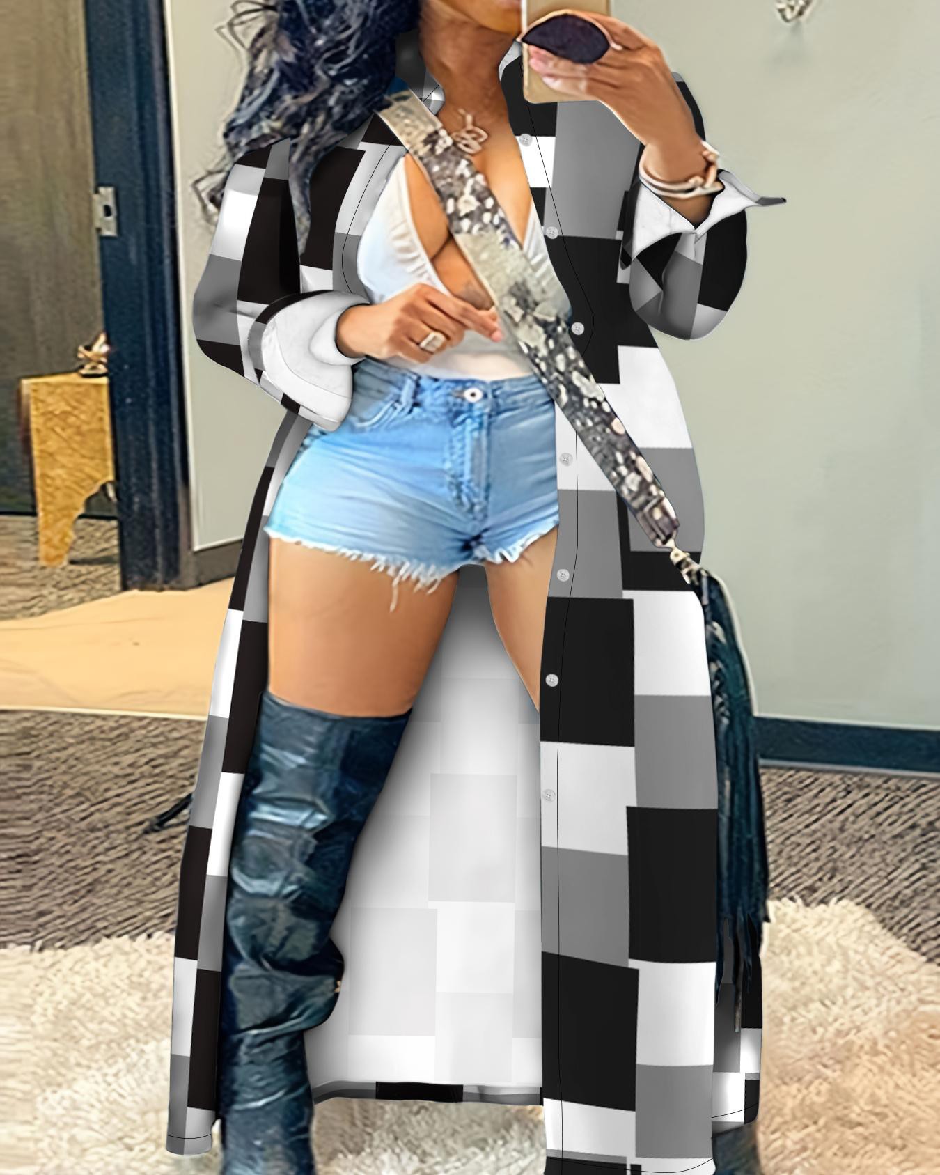 Embellished multi-paneled flared long jacket
