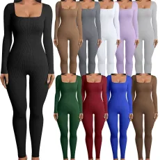Sexy Threaded Square Neck Open Back Hip Lift Slim Fit Sports Jumpsuit
