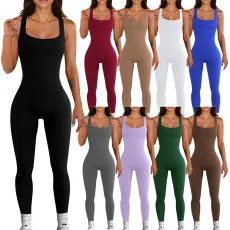 Sexy Threaded Square Neck Open Back Hip Lifting Sports Jumpsuit
