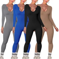 Sexy U-neck yoga ribbed jumpsuit