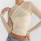 Sexy and fashionable mesh patchwork zipper perspective short top