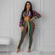 Fashion Stripe Printed Open Umbilical Top Tight Two Piece Set