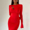 Sexy Round Neck Panel Flare Long Sleeve Wrap Hip Slim Fit Long Dress