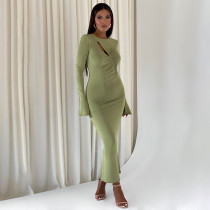 Sexy Round Neck Panel Flare Long Sleeve Wrap Hip Slim Fit Long Dress