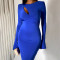 Sexy Round Neck Panel Flare Long Sleeve Wrap Hip Slim Fit Long Dress