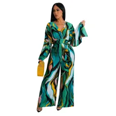 Fashion sexy women's V-neck long sleeved printed wide leg jumpsuit