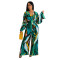 Fashion sexy women's V-neck long sleeved printed wide leg jumpsuit