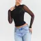 Sexy and fashionable mesh patchwork zipper perspective short top