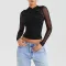 Sexy and fashionable mesh patchwork zipper perspective short top