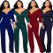 Fashionable long sleeved solid V-neck tight jumpsuit