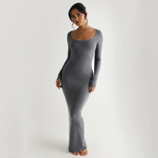 Sexy Solid Knitted Square Neck Long Sleeve Wrap Hip Slim Fit Long Dress
