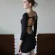 Sexy strappy long sleeved backless patchwork buttocks short skirt